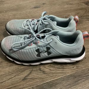 Under Armour tennis shoes, size 11, grey and orange in color